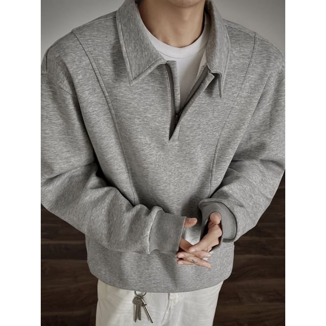 Vernanah-Plain Panel Half Zip Polo Sweatshirt