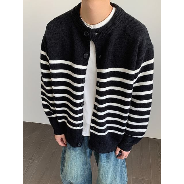 Vernanah-Round Neck Drop Shoulder Striped Button Up Cardigan
