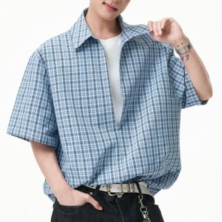 Vernanah-Short Sleeve Collared Plaid Mock Two Piece Shirt