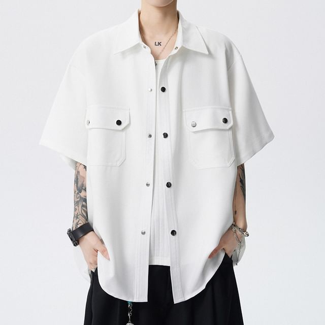 Vernanah-Short Sleeve Collared Plain Cargo Shirt