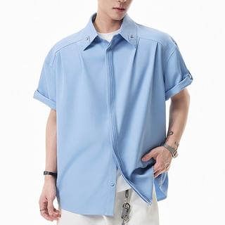 Vernanah-Short Sleeve Collared Plain Pintuck Panel Shirt