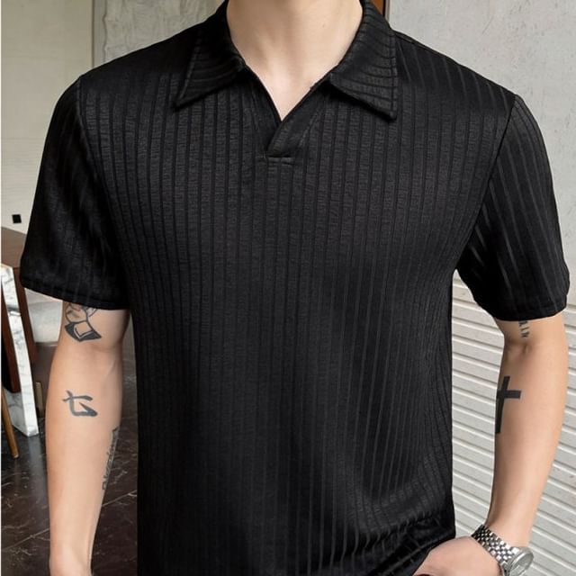 Vernanah-Short Sleeve Open Placket Plain Ribbed Polo Shirt