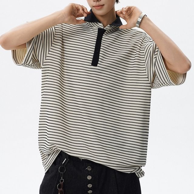 Vernanah-Short Sleeve Striped Polo Shirt