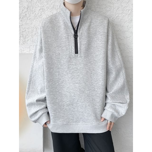 Vernanah-Stand Collar Plain Half Zip Sweatshirt