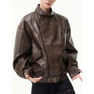 Vernanah-Stand Collared Plain Faux Leather Zip Jacket