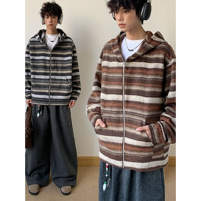 Vernanah-Striped Hood Zip Cardigan