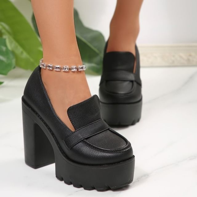 Vindler-Block Heel Plain Platform Loafers