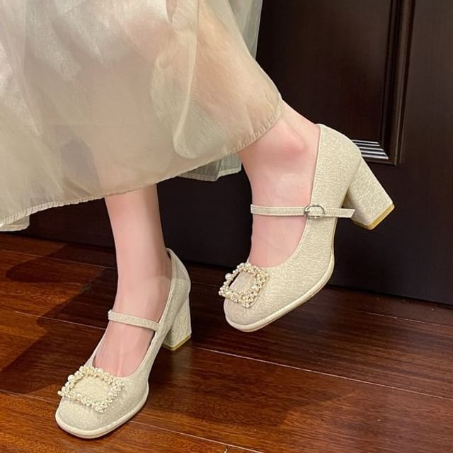 Vindler-Block Heel Rhinestone Mary Jane Pumps