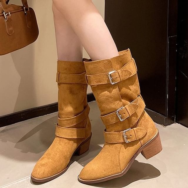 Vindler-Buckled Chunky Heel Mid-Calf Boots