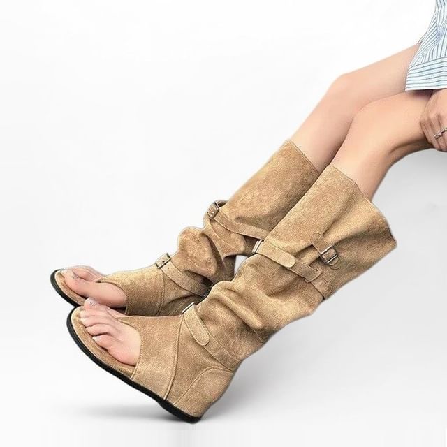 Vindler-Buckled Faux Suede Knee High Thong Boots
