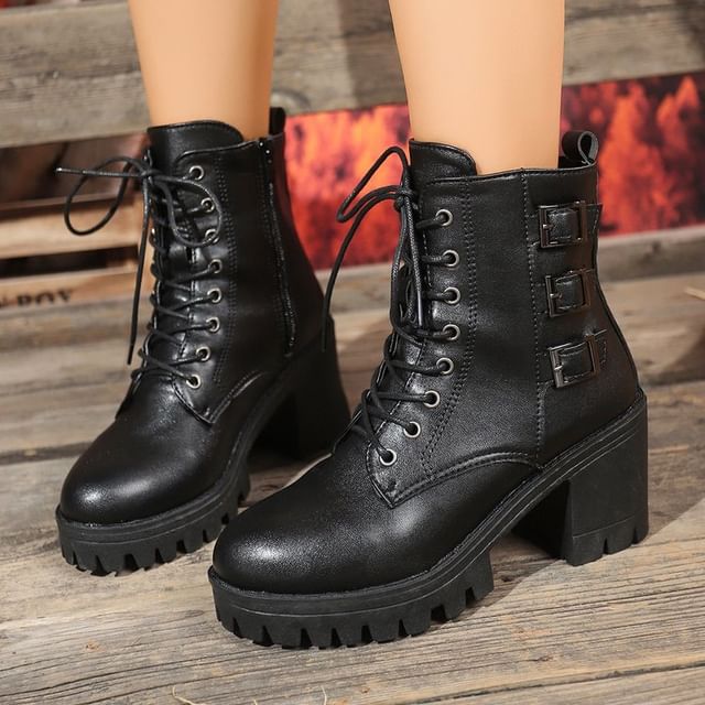 Vindler-Buckled Lace-Up Chunky Heel Short Boots