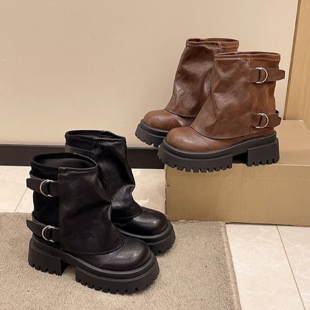 Vindler-Buckled Platform Chunky Heel Short Boots