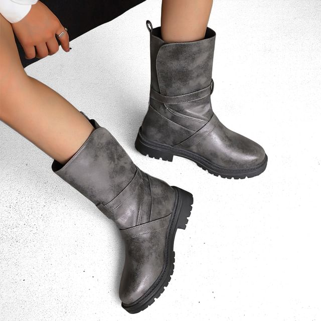 Vindler-Buckled Platform Chunky Heel Short Boots