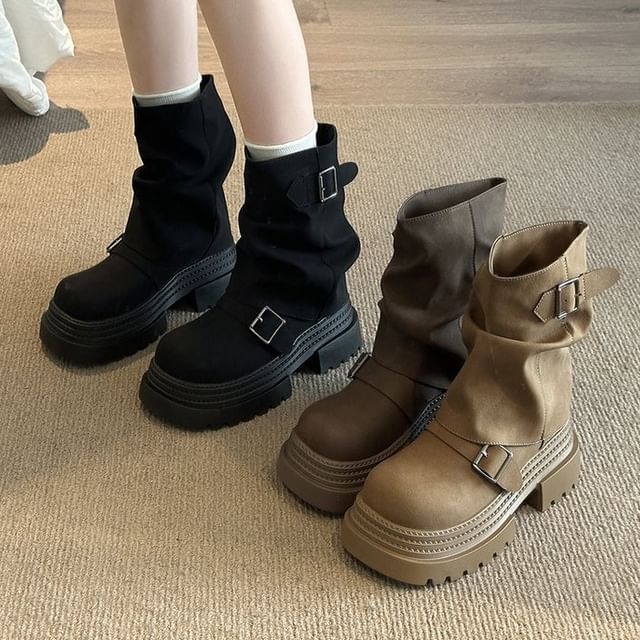 Vindler-Buckled Shirred Platform Mid-calf Boots