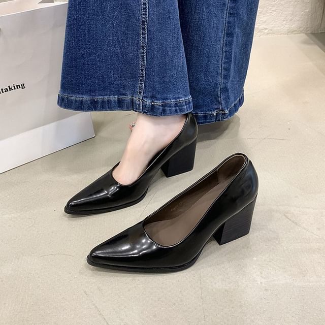 Vindler-Chunky Heel Pointed Toe Plain Faux Leather Pumps