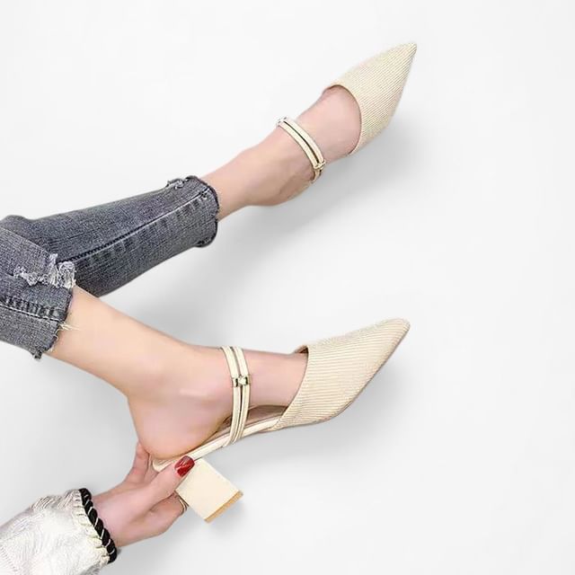 Vindler-Chunky Heel Pointed Toe Plain Ribbed Mules
