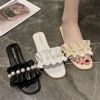 Vindler-Faux Pearl Ruffle Slide Sandals