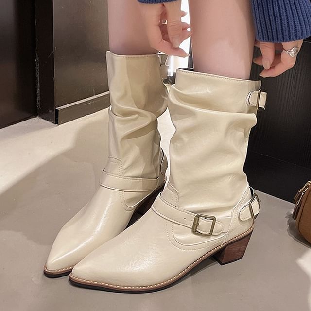 Vindler-Low Heel Pointed Mid Calf Boots