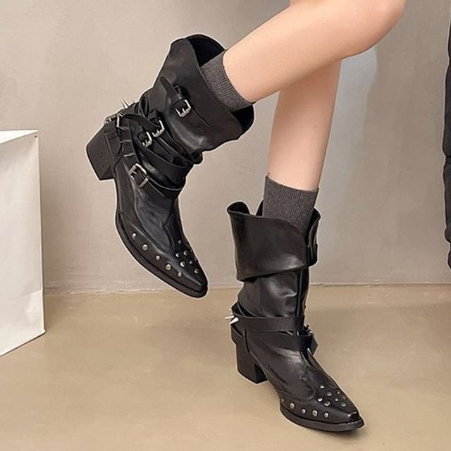 Vindler-Low Heel Pointed Studded Short Boots