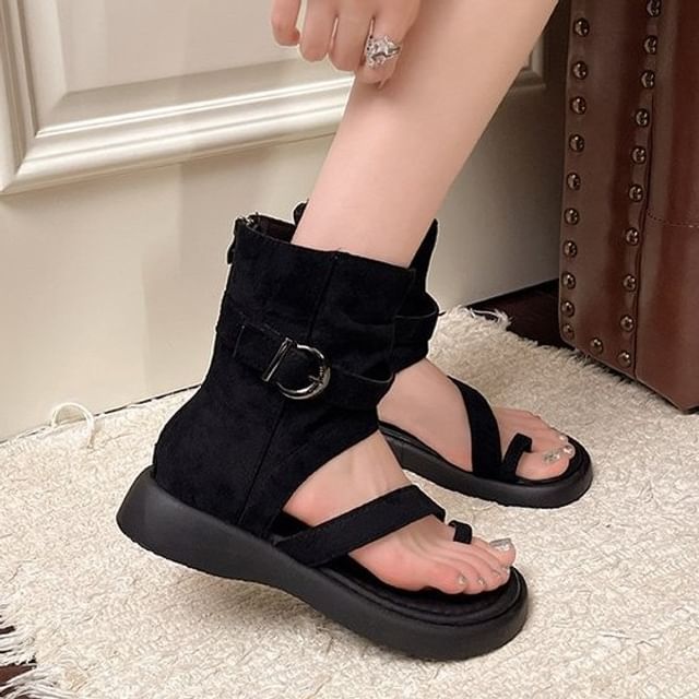 Vindler-Plain Buckled Faux Suede Toe Loop Sandal Boots