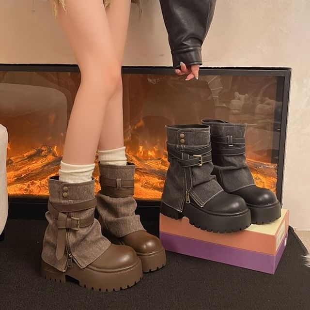 Vindler-Platform Belted Denim Short Boots