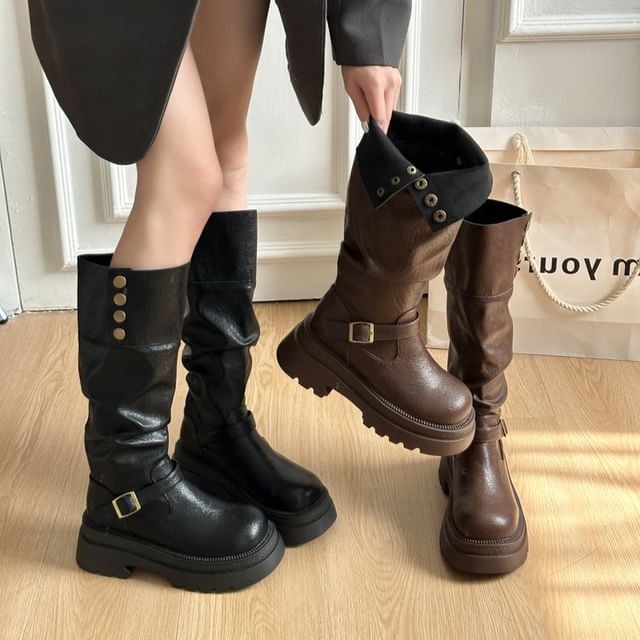 Vindler-Platform Buckled Button Faux Suede Knee High Boots