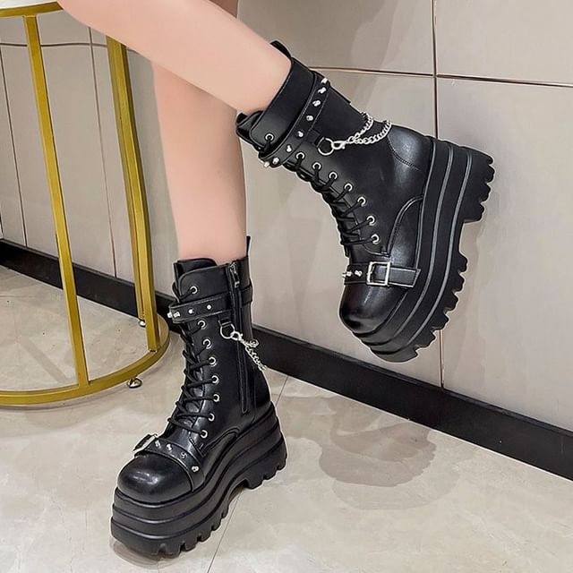 Vindler-Platform Buckled Studded Lace Up Mid Calf Boots