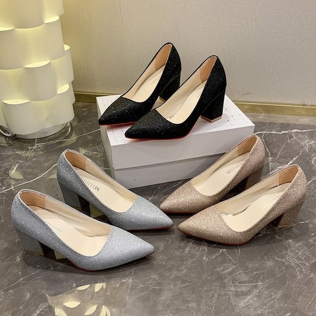 Vindler-Pointed Toe Glitter Block Heel Pumps