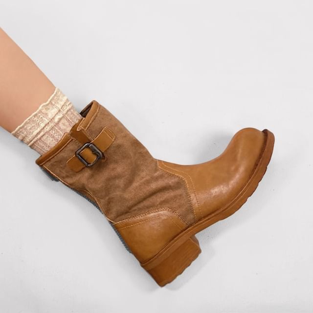 Vindler-Round Toe Two Tone Buckled Short Boots
