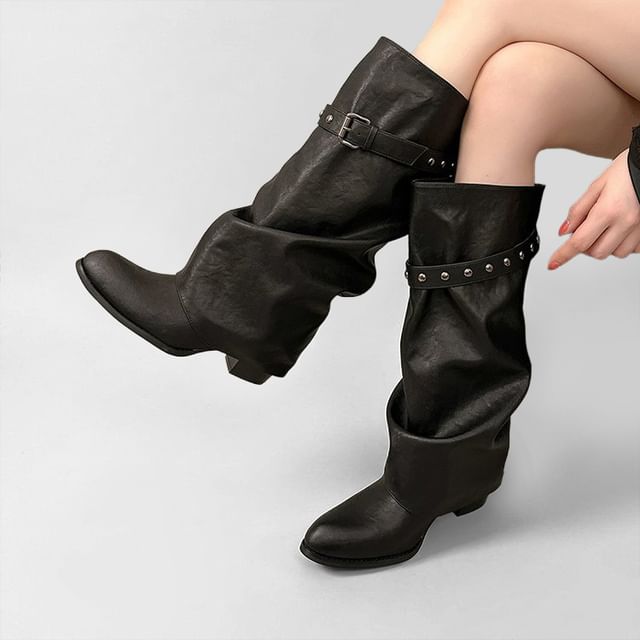 Vindler-Studded Buckled Chunky Heel Tall Boots