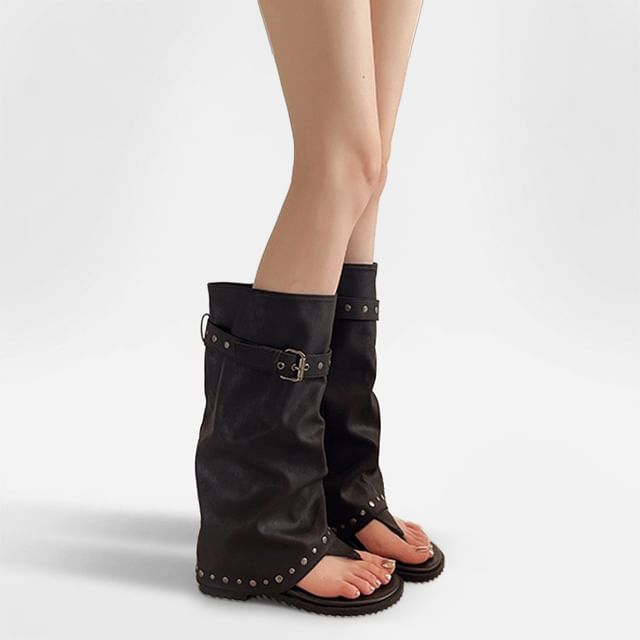 Vindler-Studded Buckled Panel Knee High Thong Boots