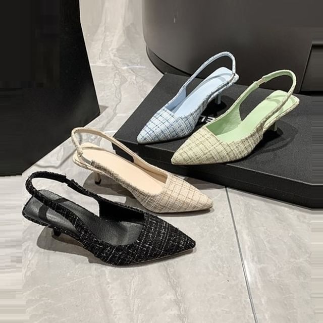 Vindler-Tweed Pointed Toe Plaid Kitten Heel Slingback Mules