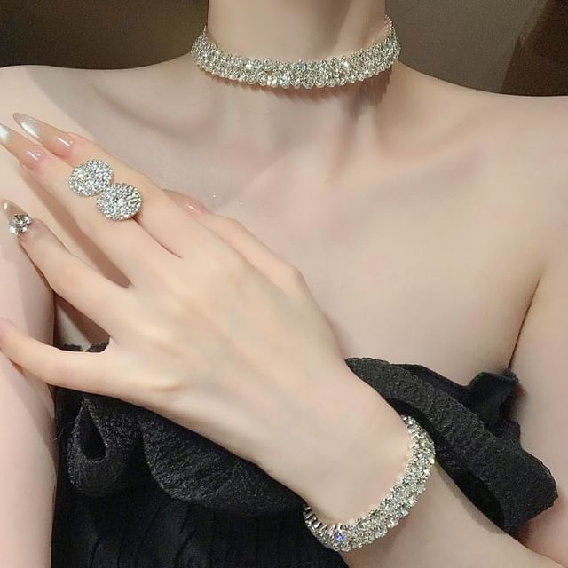 Wandoli-Set Disc Rhinestone Stud Earring Choker Bracelet