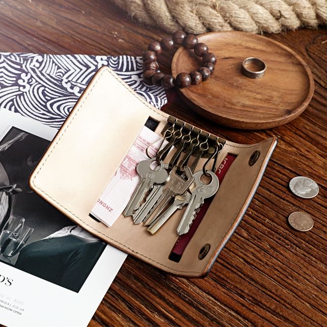 Wavecho-Contrast Stitched Genuine Leather Key Case