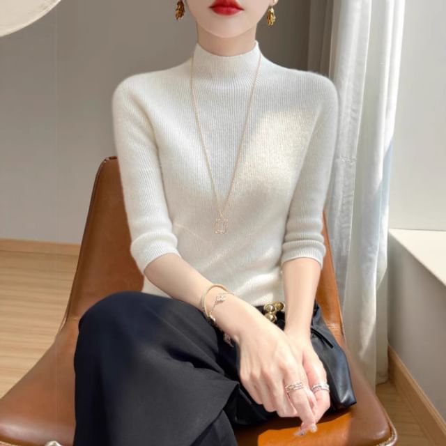 Weelop-34-Sleeve Mock Neck Plain Ribbed Knit Top