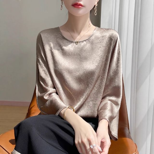 Weelop-34-Sleeve Round Neck Plain Satin Blouse
