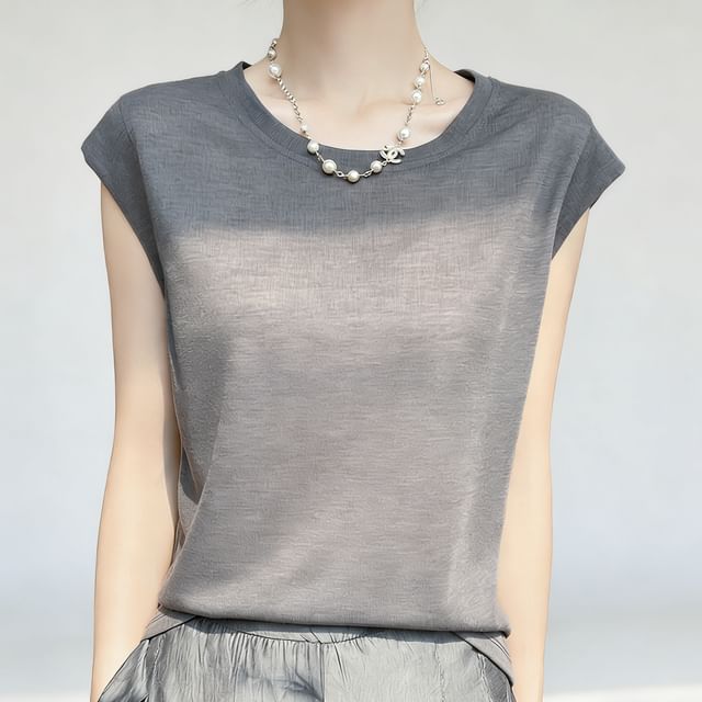 Weelop-Cap-Sleeve Crew Neck Plain T-Shirt