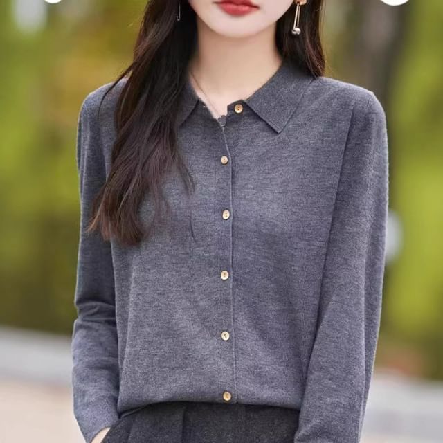 Weelop-Collared Button-Up Plain Cardigan