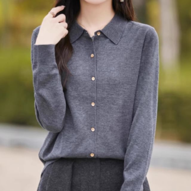Weelop-Collared Plain Button Up Cardigan