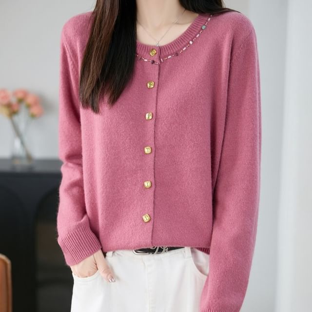 Weelop-Crew Neck Embellished Button-Up Cardigan