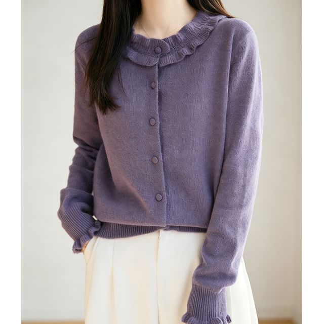 Weelop-Crew Neck Frill Trim Button-Up Plain Cardigan