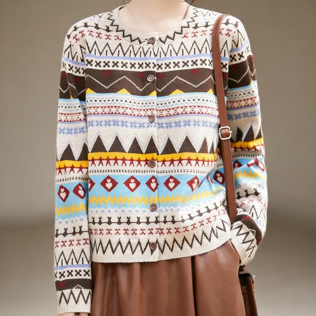 Weelop-Crew Neck Nordic Jacquard Button-Up Cardigan