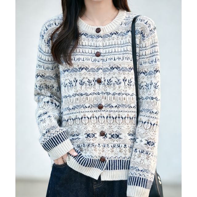 Weelop-Crew Neck Nordic Jacquard Button-Up Cardigan