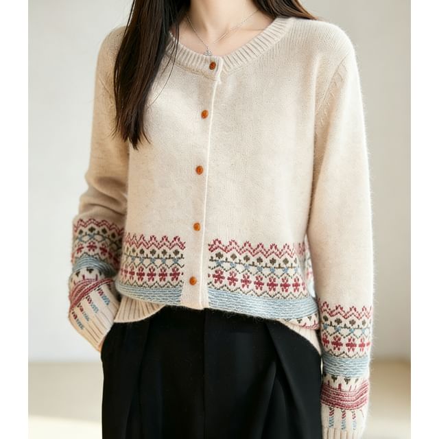 Weelop-Crew Neck Nordic Jacquard Button-Up Cardigan