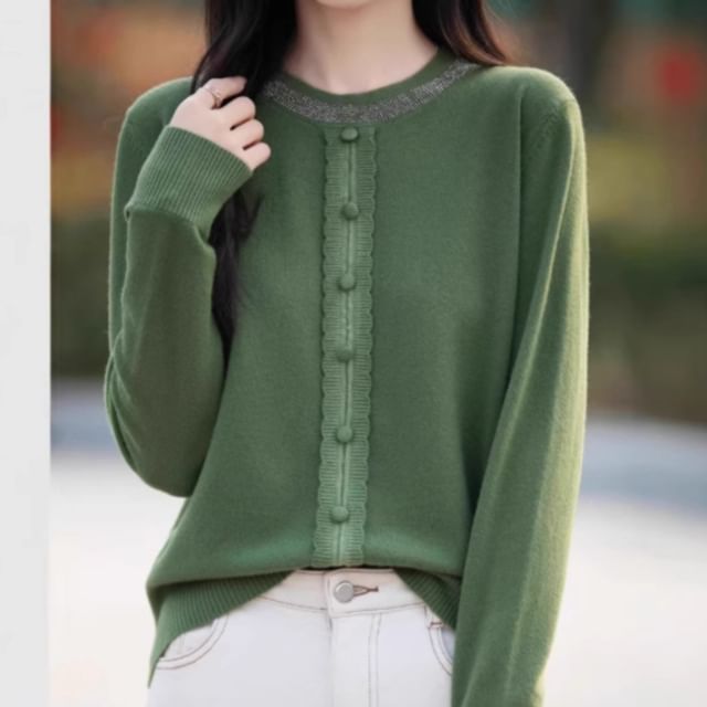 Weelop-Crew Neck Plain Rhinestone Sweater