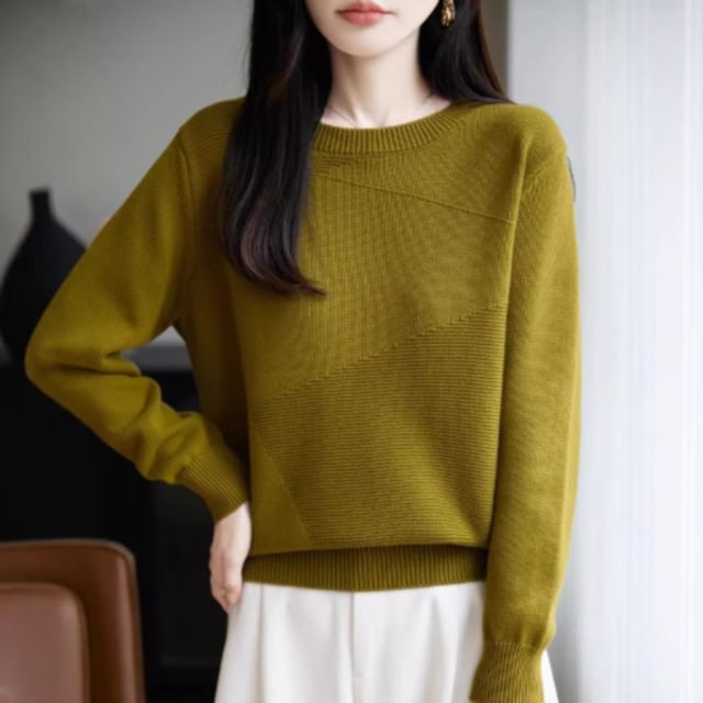 Weelop-Crew Neck Plain Ribbed Knit Sweater