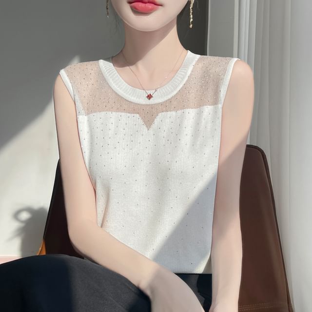 Weelop-Crew Neck Rhinestone Mesh Panel Knit Tank Top