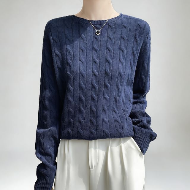 Weelop-Crewneck Cable Knit Plain Sweater