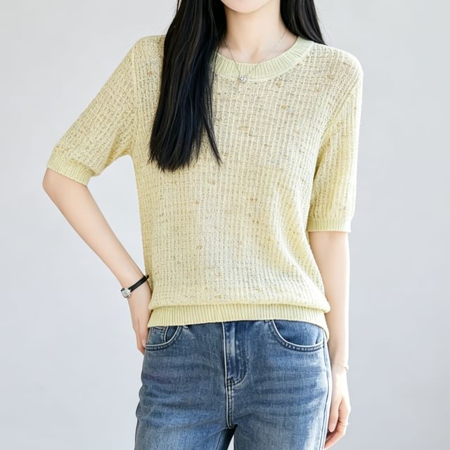 Weelop-Elbow-Sleeve Crew Neck Melange Sequin Knit Top