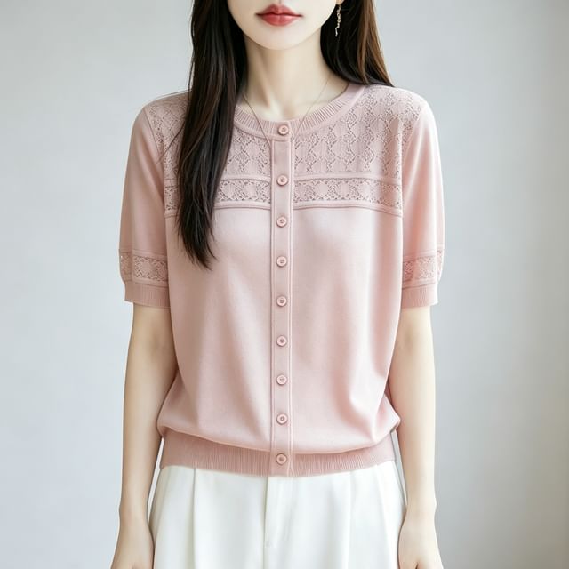 Weelop-Elbow-Sleeve Crew Neck Perforated Button-Up Plain Cardigan